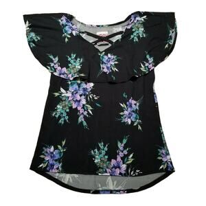 Dream Girl Brand Floral Black Purple Shirt Size M